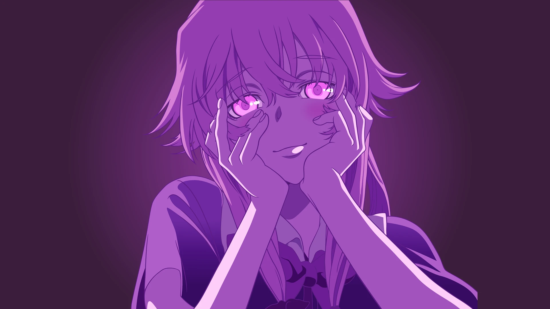Yuno Gasai from Future Diary with a sweet but unsettling smile, representing the Yandere archetype.