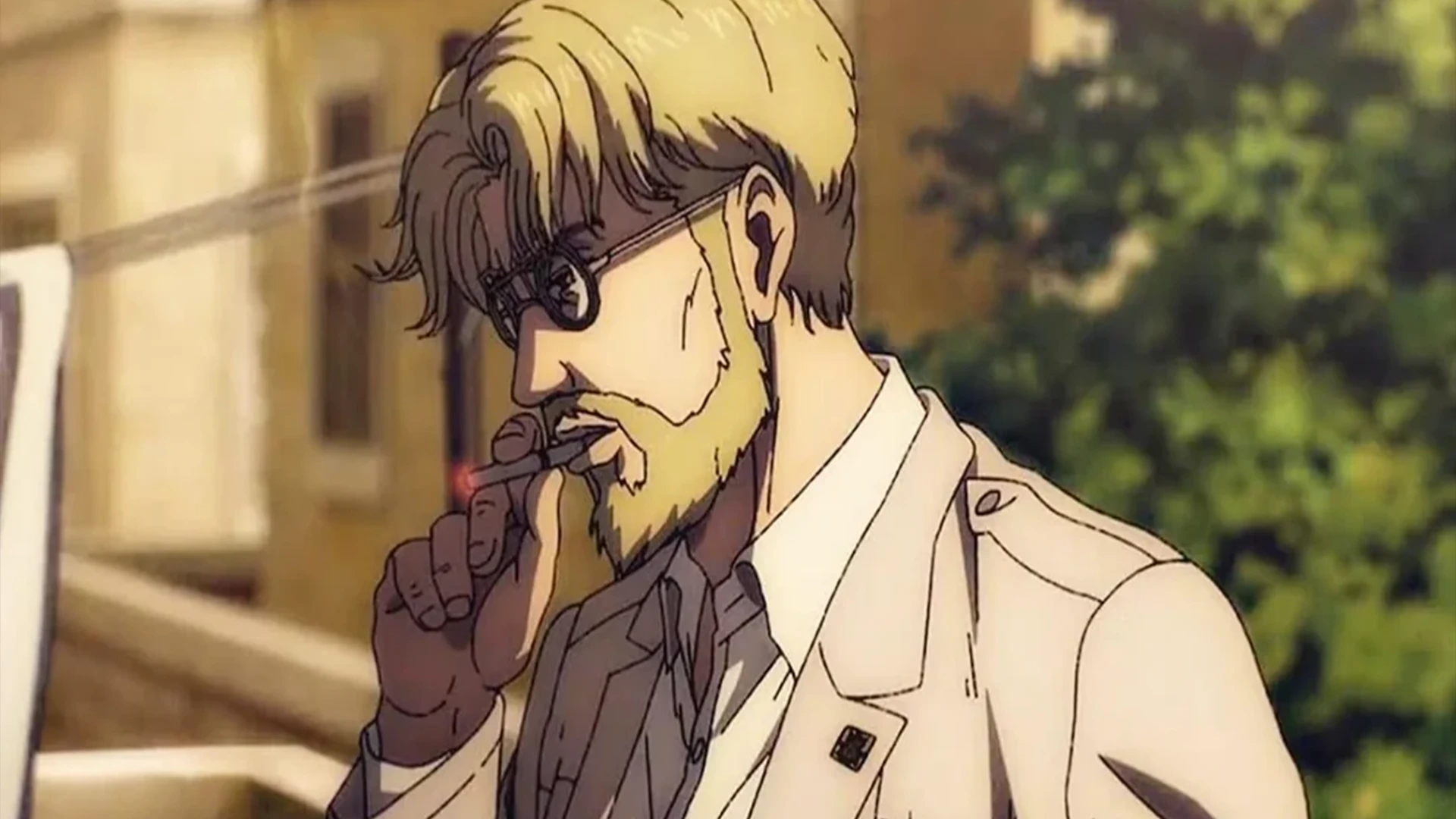 Zeke Yeager from Attack on Titan in his human form, looking thoughtful and strategic.
