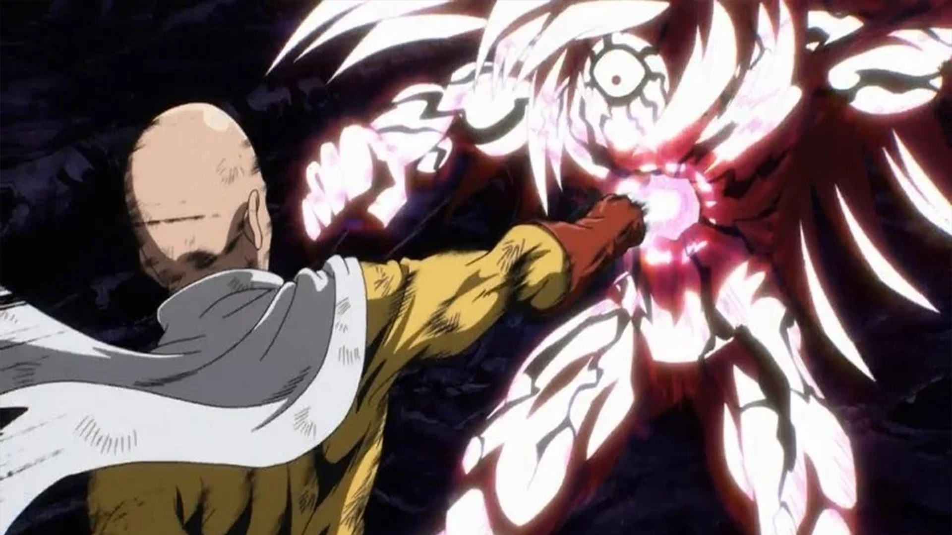 Saitama from One-Punch Man delivering a powerful punch.