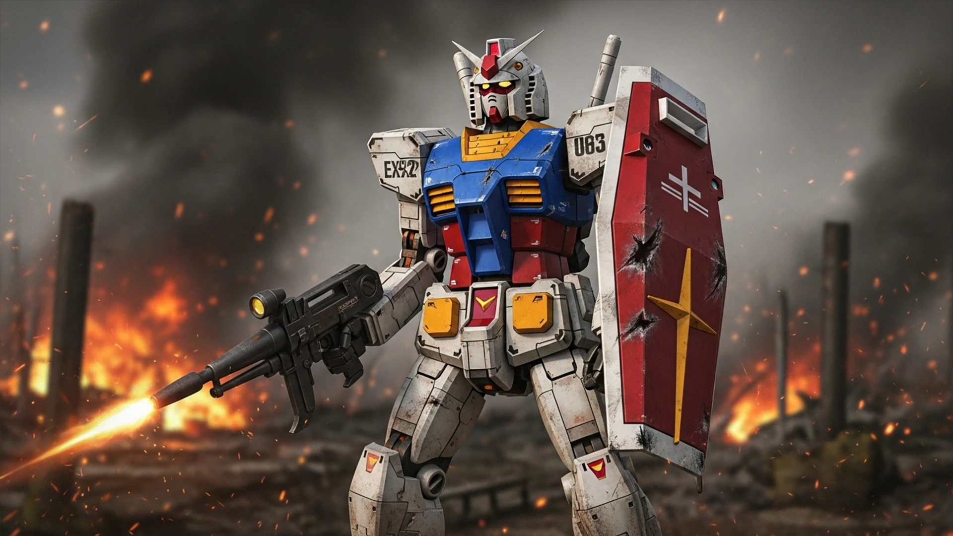 The iconic RX-78-2 Gundam standing tall, representing the Real Robot genre.