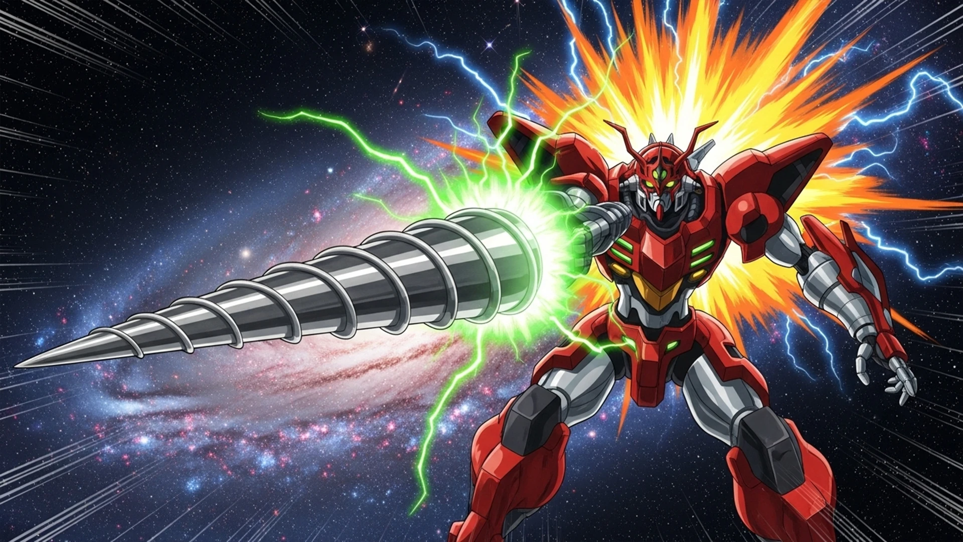 The massive Gurren Lagann pointing its drill towards the heavens, representing the spectacle of modern mecha.