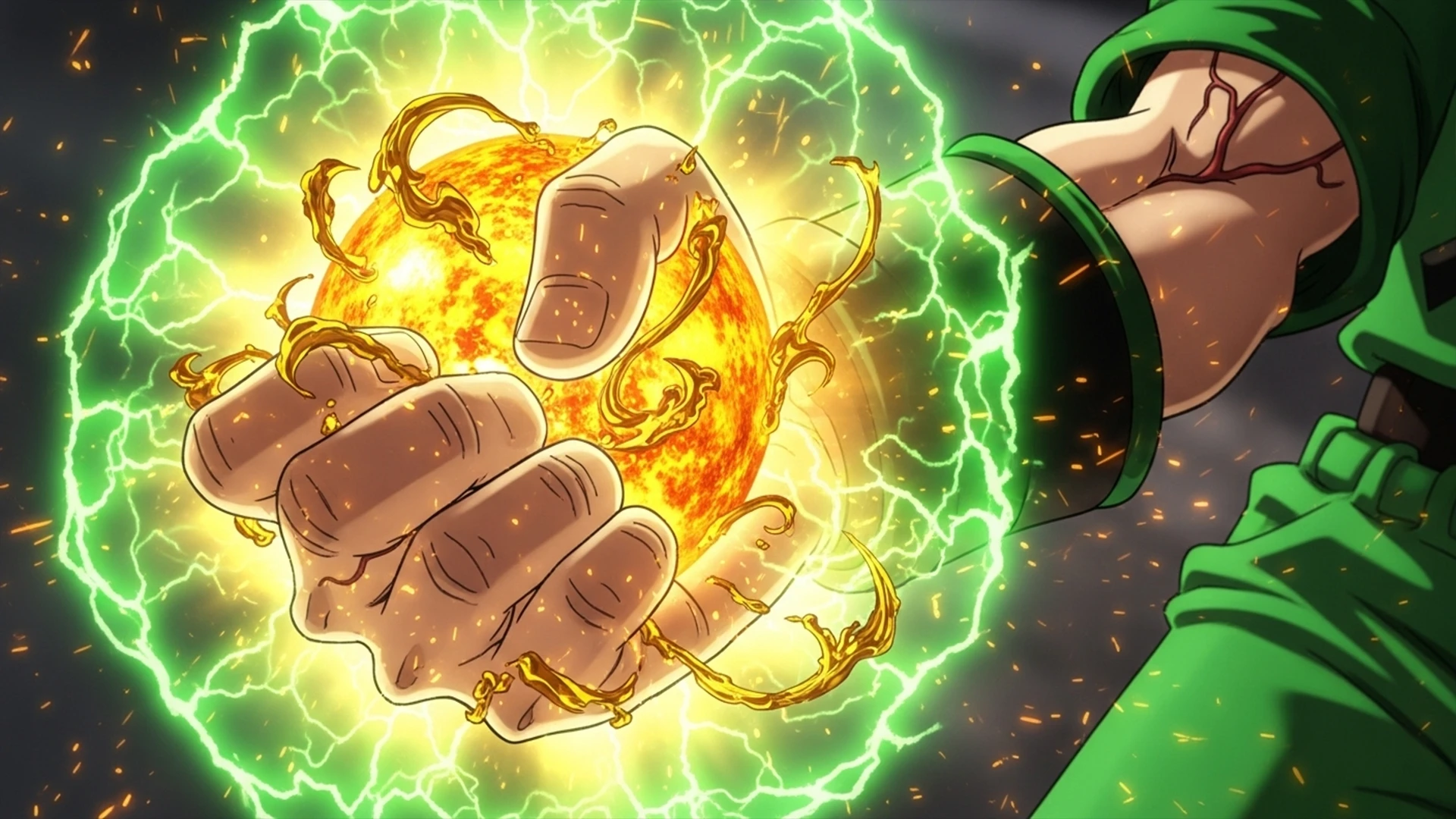 A character's hand glowing with Nen aura.