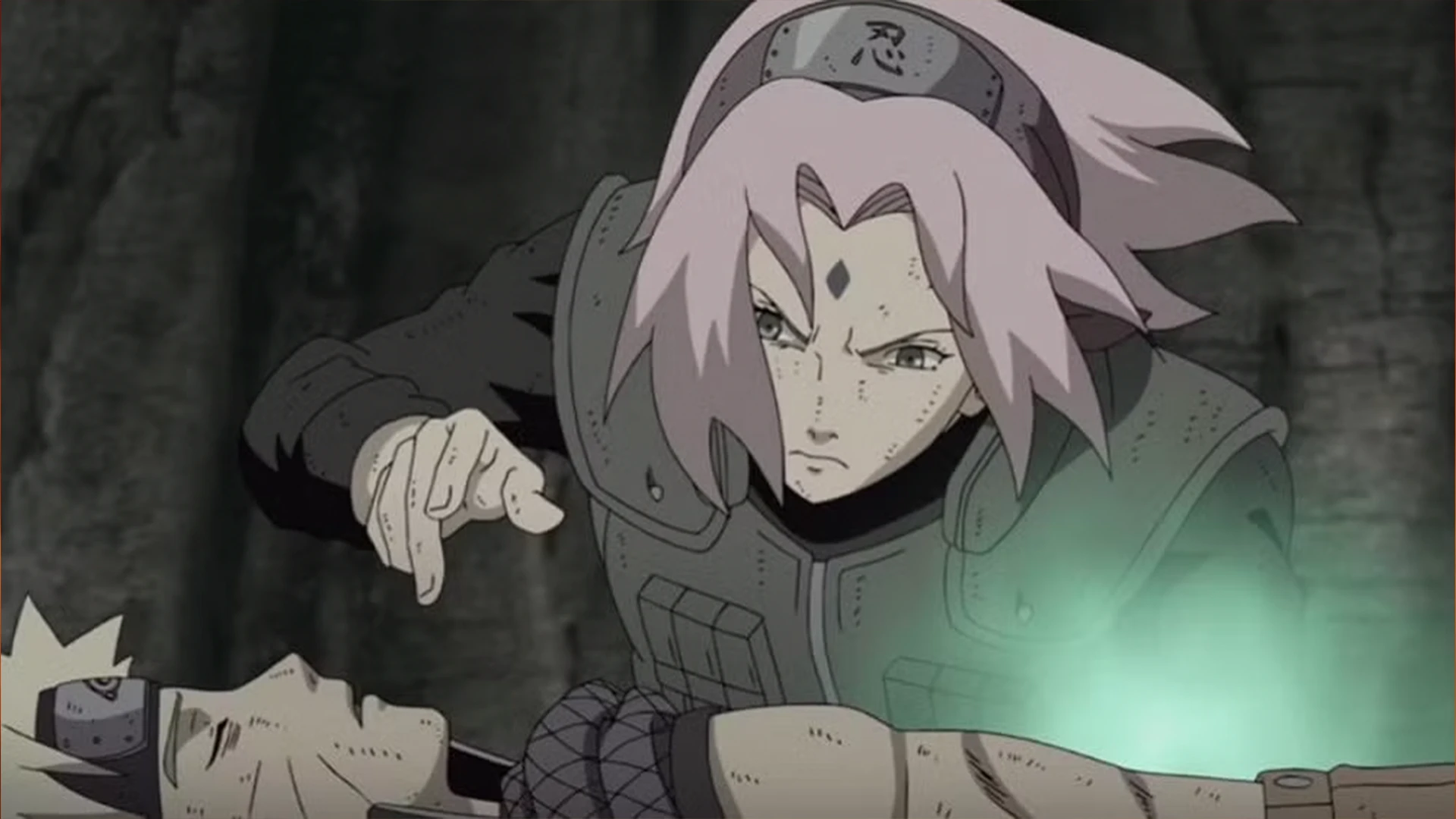Sakura Haruno from Naruto using her medical ninjutsu, representing the compassionate support character.