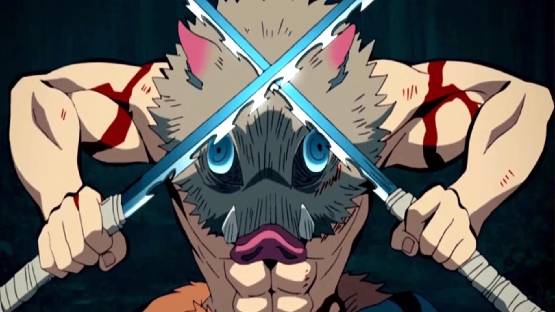 Inosuke Hashibira in his iconic boar mask, looking wild and ferocious.