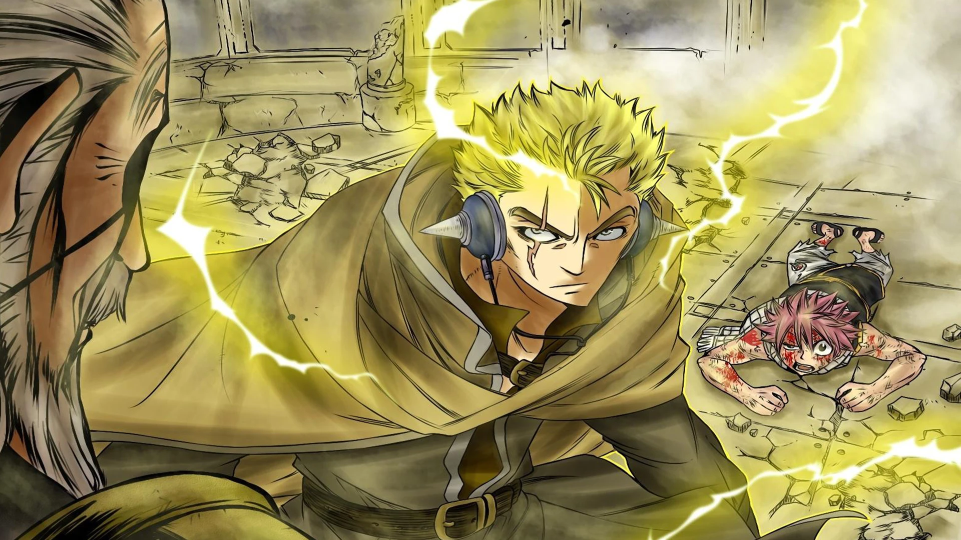 Laxus Dreyar from Fairy Tail crackling with lightning, highlighting his Dragon Slayer magic.